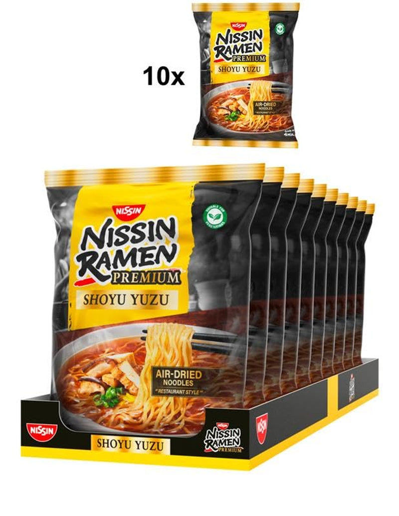 Nissin Ramen Premium - Shoyu Yuzu Lot de 10 nouilles instantanées séchées à l'air libre de style japonais aromatisées à la sauce soja Yuzu et aux poireaux séchés (10 x 92,7 g)