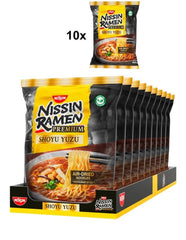 Nissin Ramen Premium - Shoyu Yuzu Lot de 10 nouilles instantanées séchées à l'air libre de style japonais aromatisées à la sauce soja Yuzu et aux poireaux séchés (10 x 92,7 g)