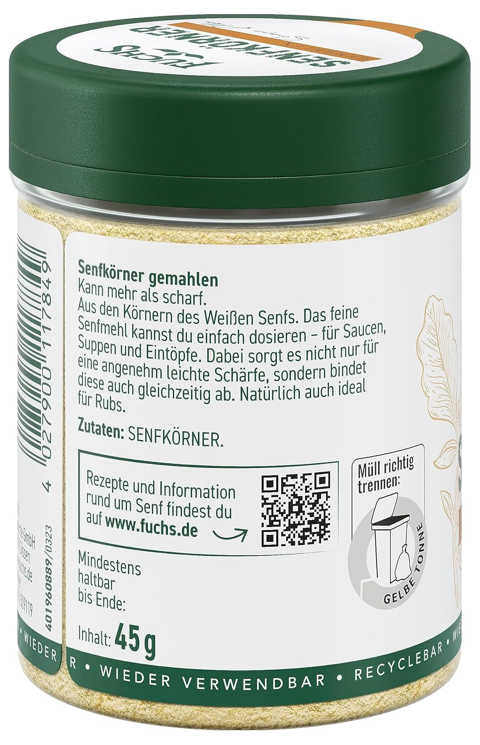 Fuchs Gewürze - Senfkörner gemahlen - für die Zubereitung von Rubs, zum Verfeinern von Suppen und Saucen - ingrédients naturels - 45 g dans une dose large, recyclable