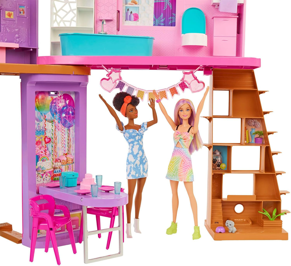 Maison de vacances Barbie (116 x 77,9 cm), maisonnette 6 places, entièrement meublée avec accessoires, meubles et ascenseur, pliable et rangement, poupée, cadeau pour enfants à partir de 3 ans, HCD50