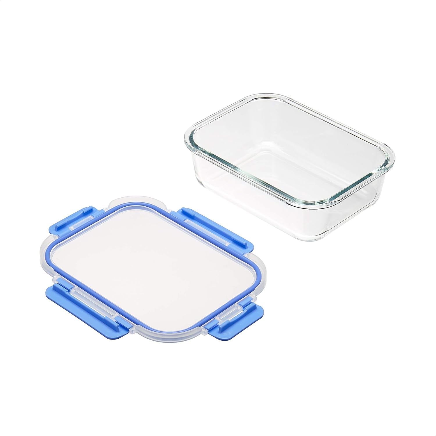 Amazon Basics Boîtes alimentaires avec couvercles en verre hermétiques, ensemble de 14 pièces, 7 récipients et 7 couvercles, sans BPA, transparent avec ruban en silicone bleu Naty Shop
