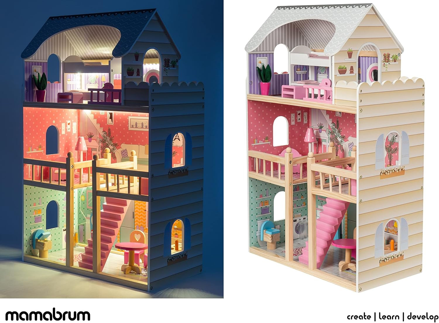 A405 Maison de poupée éclairée par LED - 3 étages et ensemble de meubles - Maison de jeu en bois comprenant des accessoires : cuisine, salle de bain, chambre à coucher - Cadeau pour les filles de 3 ans et plus Maisons de poupées Naty Shop