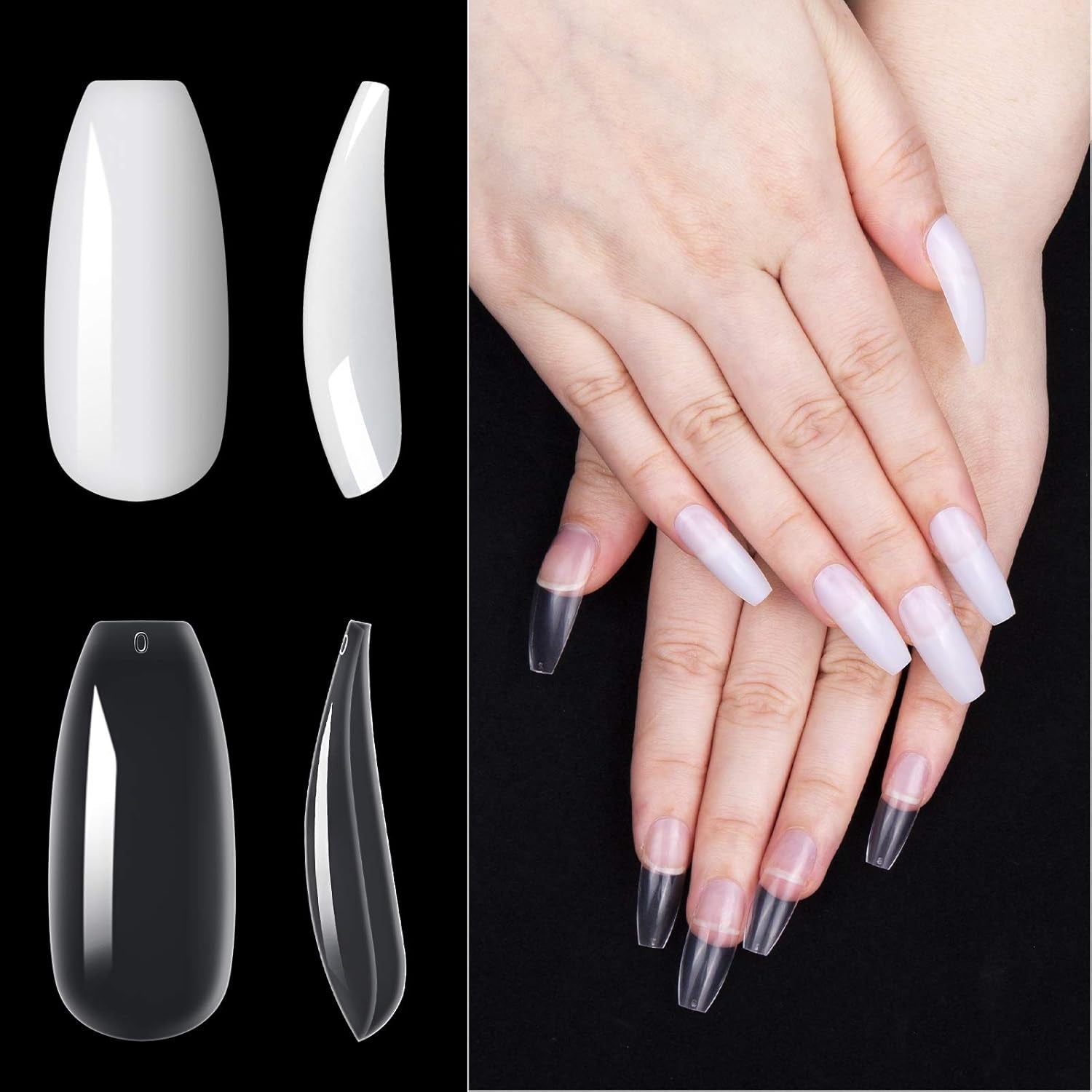 200 pcs Faux Ongles Conseils 10 Tailles Acrylique Ongles Artificiels avec Poussoir à Cuticules et Boîte Transparente pour Femmes et Filles (Naturel et Transparent)