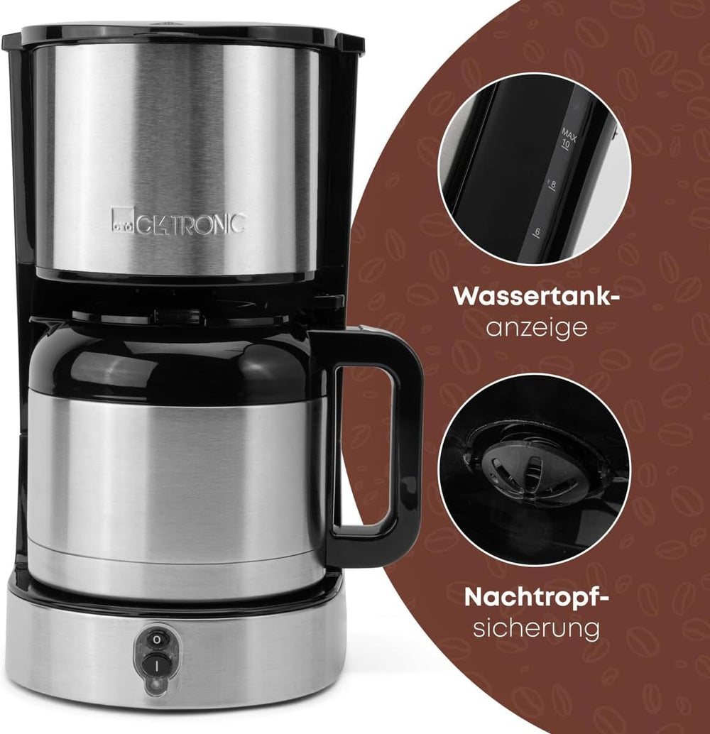 Cafetière Clatronic® avec carafe thermos pour 8 à 10 tasses de café (env. 1,2 l) | Cafetière filtre en inox | Carafe Thermos à Double Paroi | Aucune perte de température | Cafetière 800 W | KA 3805