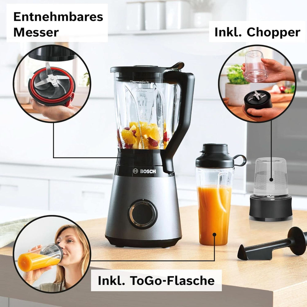 Bosch Batteur sur socle Vitapower Serie 4 MMB6177S, Edelstahl-Klingen Fabriqué en Allemagne, 1,5 L Thermosafe Glasbehälter, 0,6 L To-Go-Flasche, Stopfer, Universalzerkleinerer, 30 000 U/Min, 1200 W, Silver Kitchen Naty Shop