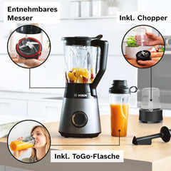 Bosch Batteur sur socle Vitapower Serie 4 MMB6177S, Edelstahl-Klingen Fabriqué en Allemagne, 1,5 L Thermosafe Glasbehälter, 0,6 L To-Go-Flasche, Stopfer, Universalzerkleinerer, 30 000 U/Min, 1200 W, Silver Kitchen Naty Shop
