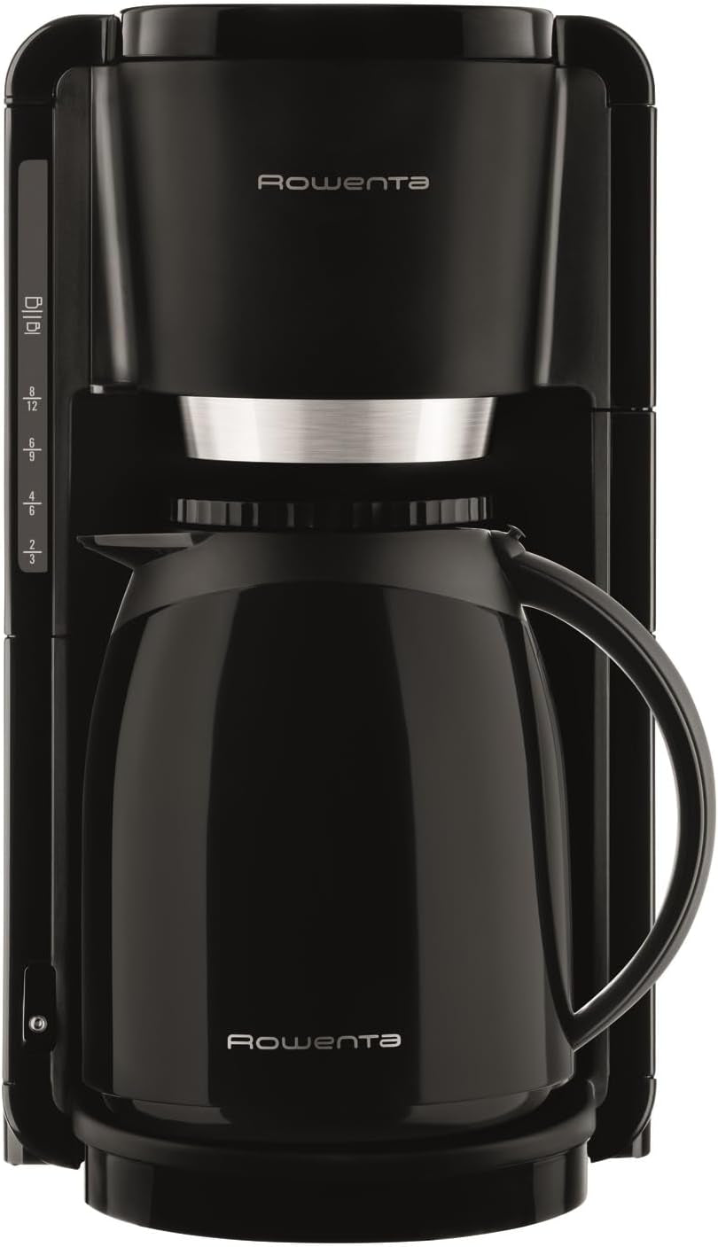 Rowenta Adagio Filter Machine à expresso, carafe thermique en acier inoxydable, garde le café chaud jusqu'à 4 heures, capacité de 10 à 15 tasses, capacité de 1,25 L, panier filtrant amovible, arrêt automatique, noir, CT3818