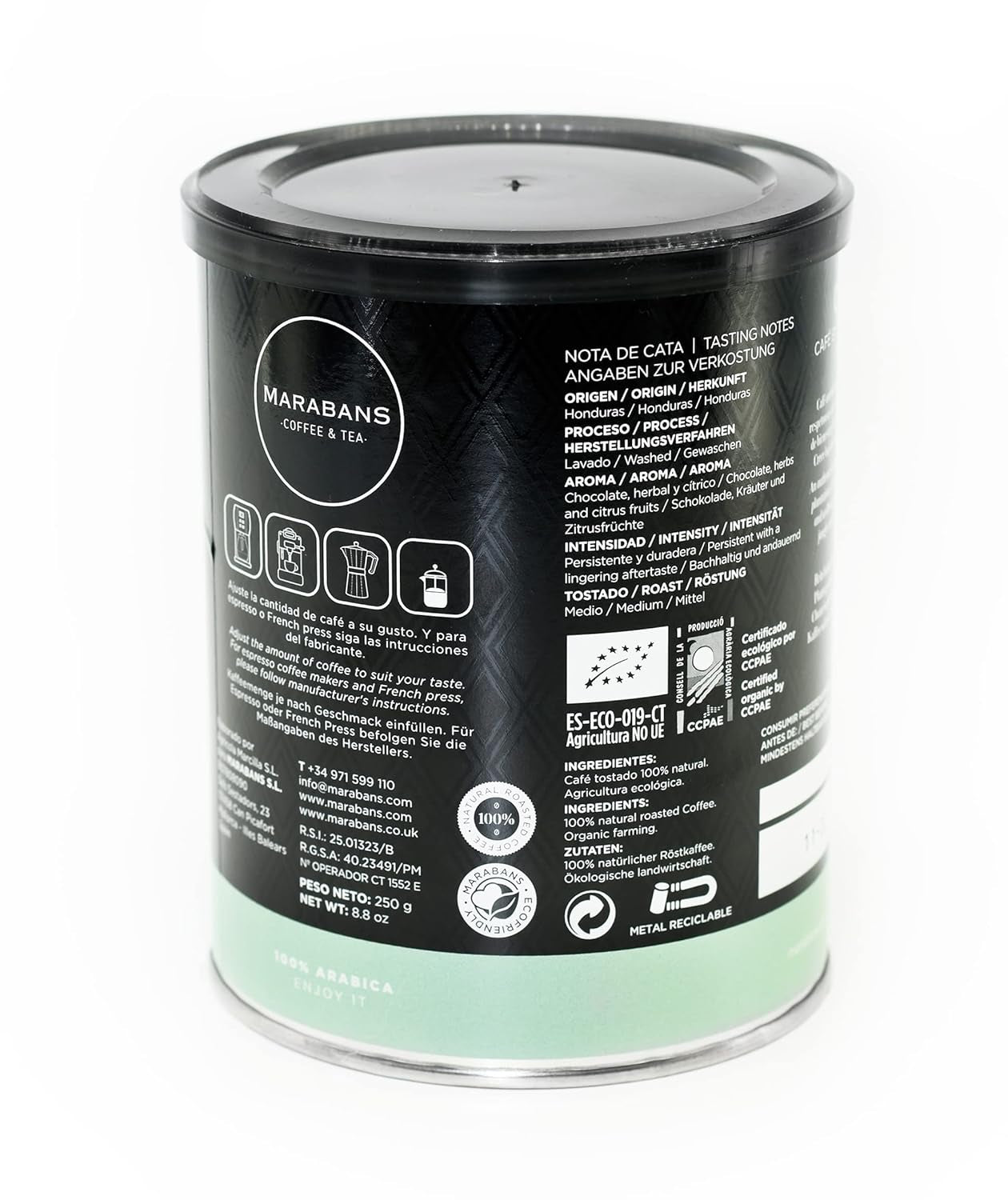 Café en grains bio Marabans. Boîte de 250 g. ORIGINE : Honduras. Café 100% torréfié naturellement.