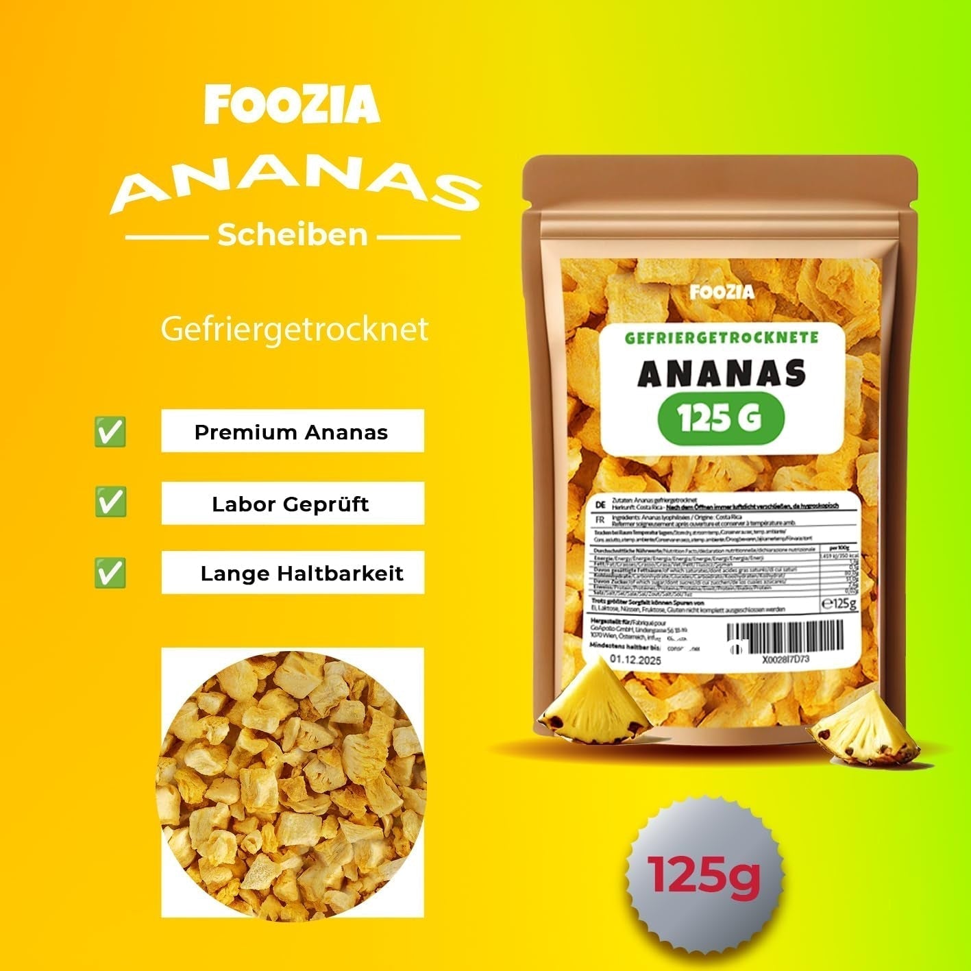 Ananas lyophilisé 125g gros morceaux, Fruits lyophilisés sans additifs 100% purs - Fruits secs naturels - Ananas séchés, fruits secs de Foozia Produits déshydratés Naty Shop
