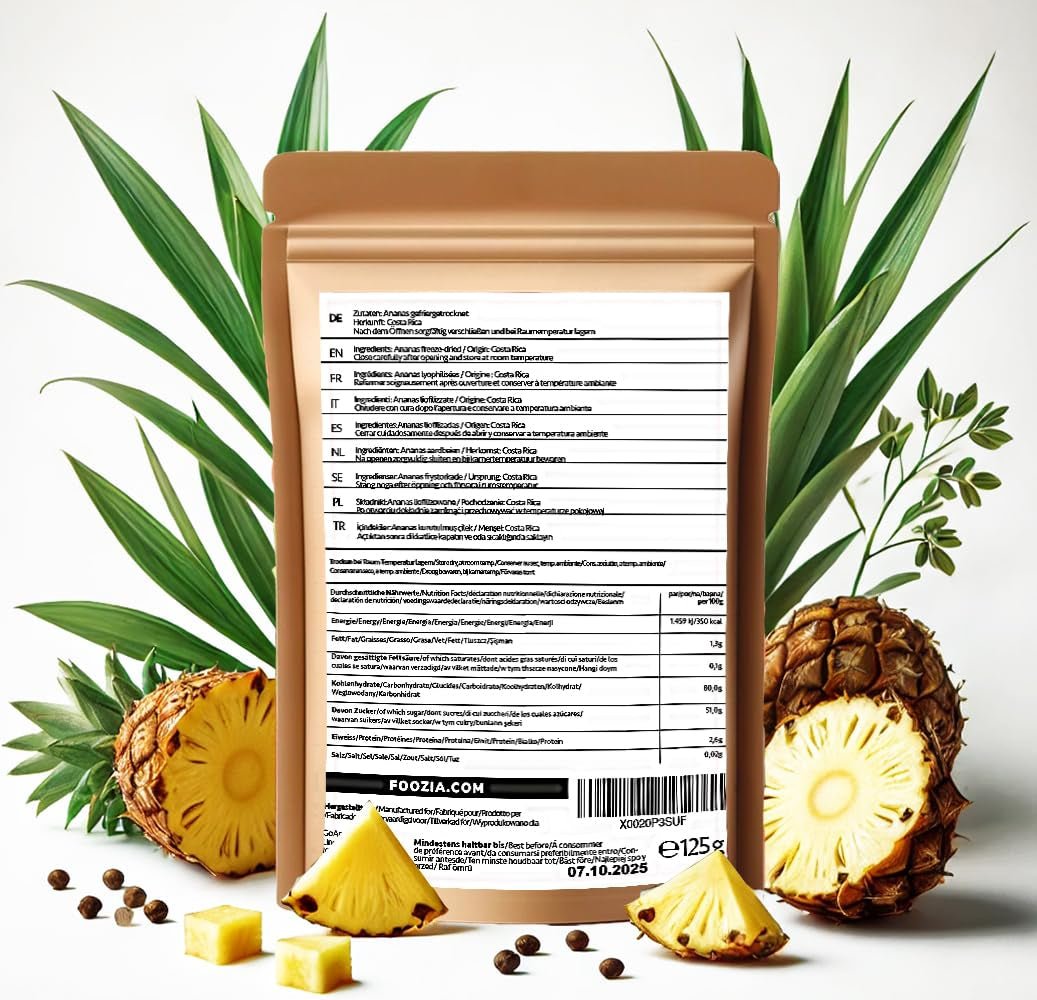 Ananas lyophilisé 125g gros morceaux, Fruits lyophilisés sans additifs 100% purs - Fruits secs naturels - Ananas séchés, fruits secs de Foozia Produits déshydratés Naty Shop
