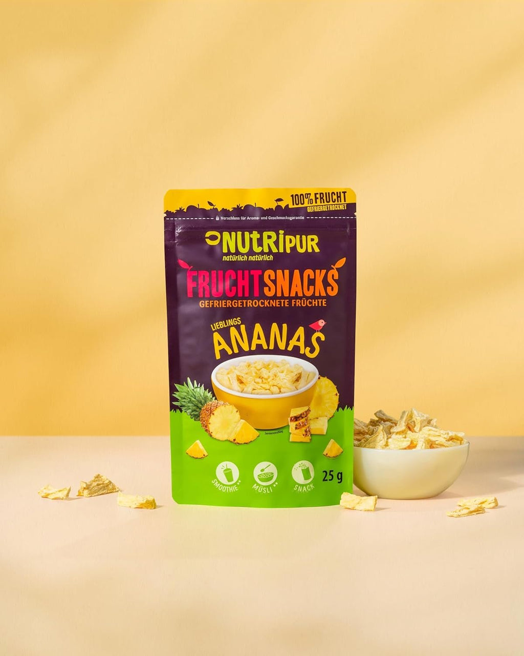Ananas liofilizat BITS 100g bucăți mari pentru smoothie bowls, muesli, topping porridge - fructe liofilizate fără zahăr adăugat - ananas uscat - fructe de la NutriPur Produse deshidratate Naty Shop