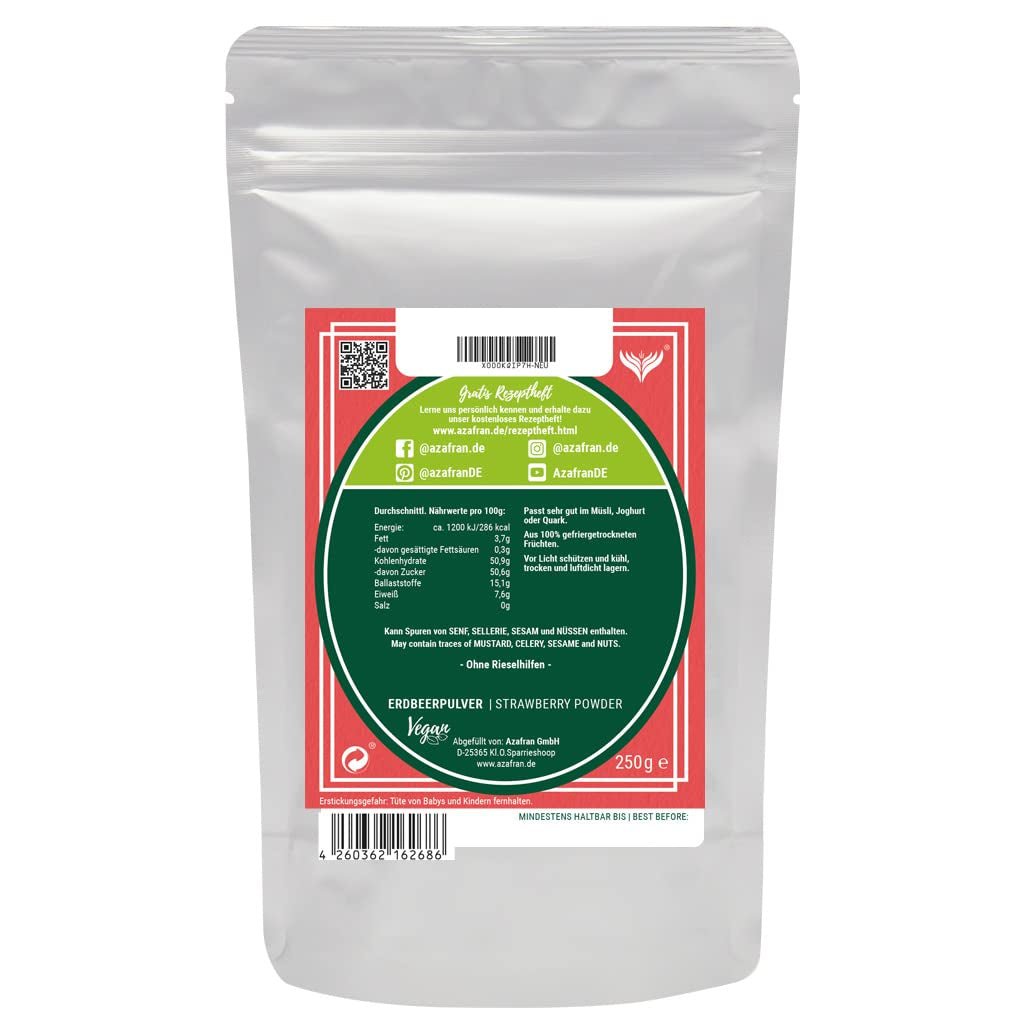 Poudre de fraise Azafran, fraises lyophilisées (moulues), poudre de fraise 250g Produits déshydratés Naty Shop