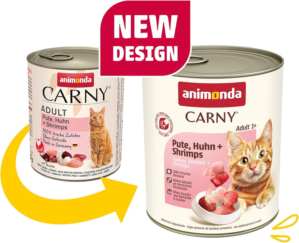 Animonda Carny hrană umedă pentru pisici curcan + pui + creveți (6 x 800g), hrană umedă fără cereale, fără zahăr, cu ingrediente proaspete din carne