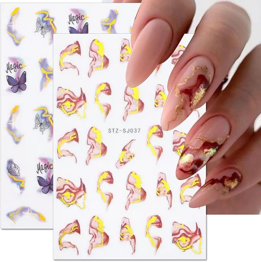6 Blatt 3D Lila Schmetterling Nagelstickers Selbstklebend Nagelaufkleber Schmetterlinge Nail Sticker Bunte Blühen Marmor Nagel Stickers Regenbogen Welle Linien Nail Art Aufkleber Nageldesign Zubehör