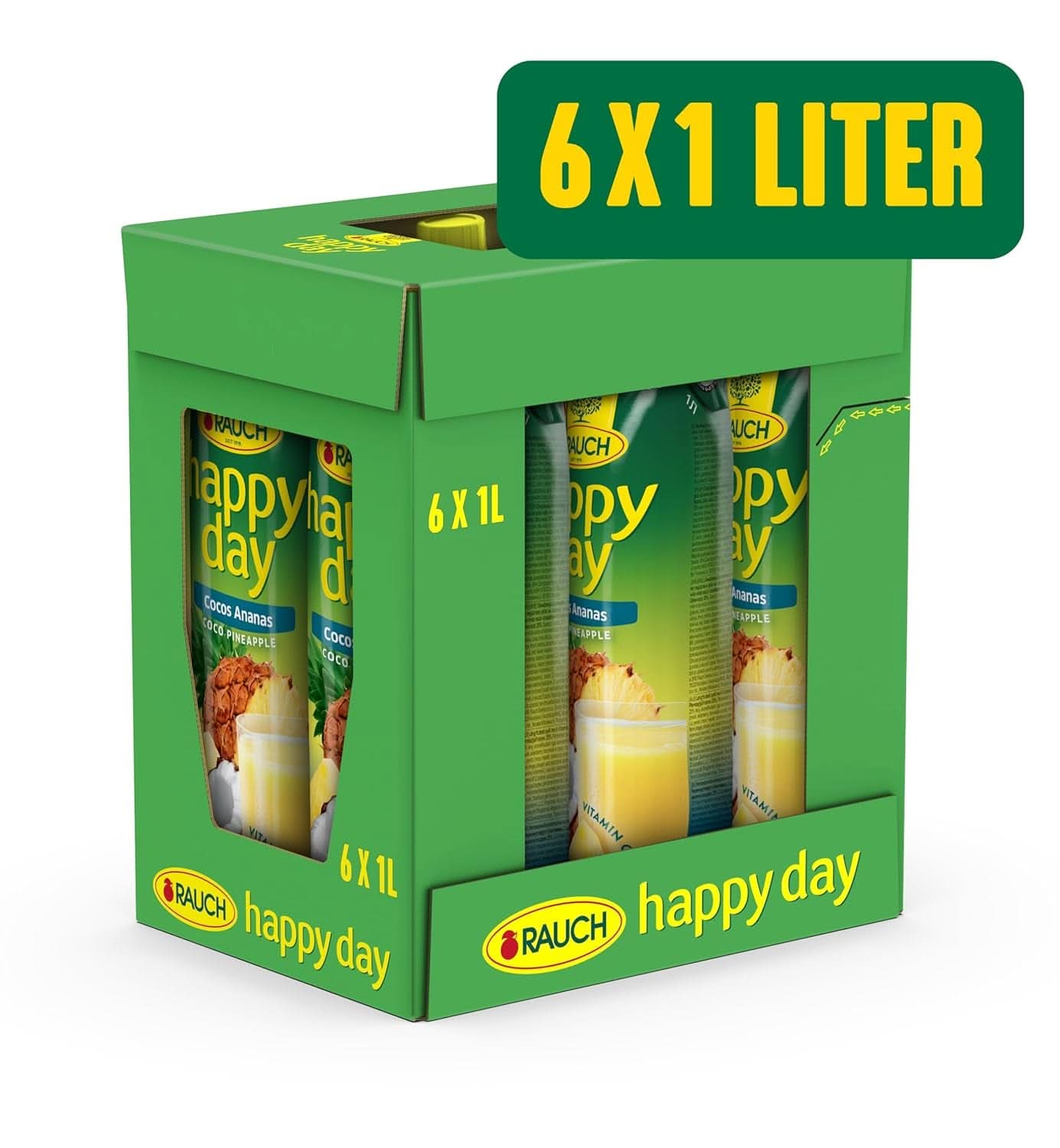 Rauch Happy Day Noix de Coco-Ananas | Un voyage aux Caraïbes | Jus de fruit d'ananas et eau de coco | 6 x 1 litre, Tetra Prisma Boissons sans alcool Naty Shop