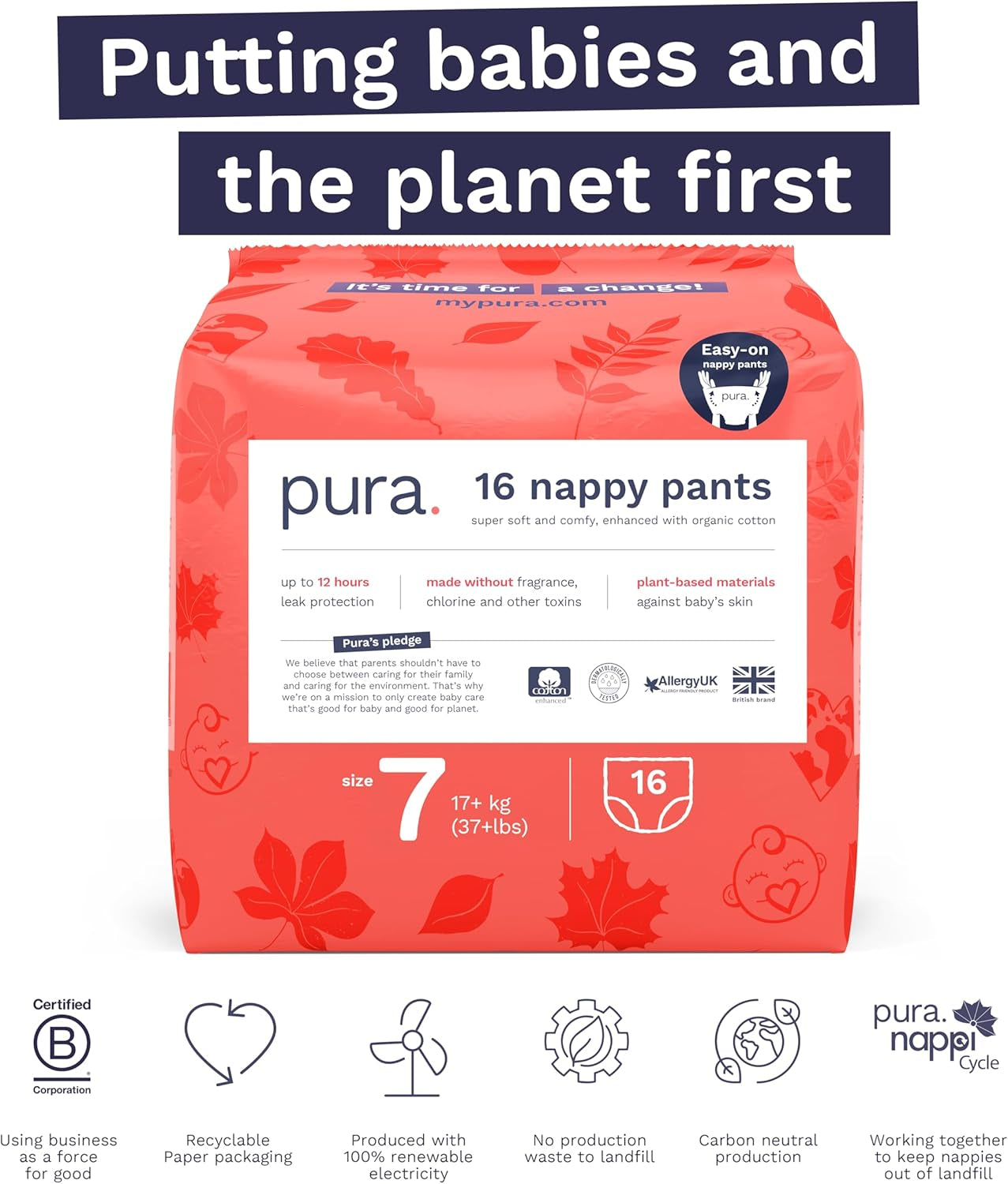 Culottes écologiques, taille 7 (17 kg +), 16 pièces, sous-vêtements jetables pour peaux sensibles et allergiques, sans parfum, tirage latéral