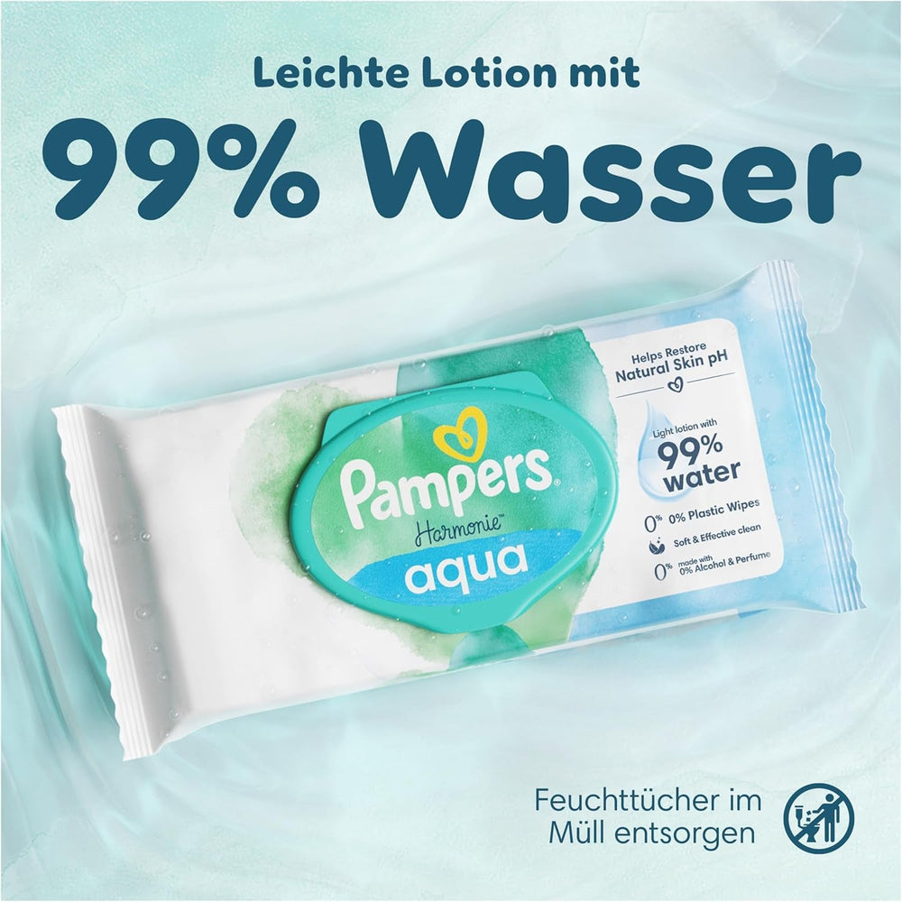 Șervețele umede Pampers Harmony Aqua pentru bebeluși, cutie, 1440 de șervețele (15 x 96), protecție delicată pentru pielea delicată cu 99% apă