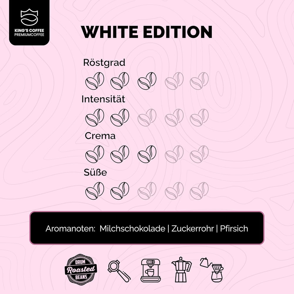 KING'S COFFEE - WHITE EDITION - mélange léger 100 % Arabica d'Éthiopie, du Mexique, du Pérou et de Tanzanie - torréfaction en petits lots en Italie - grains d'espresso entiers pour machines à porte-filtre - 1 kg