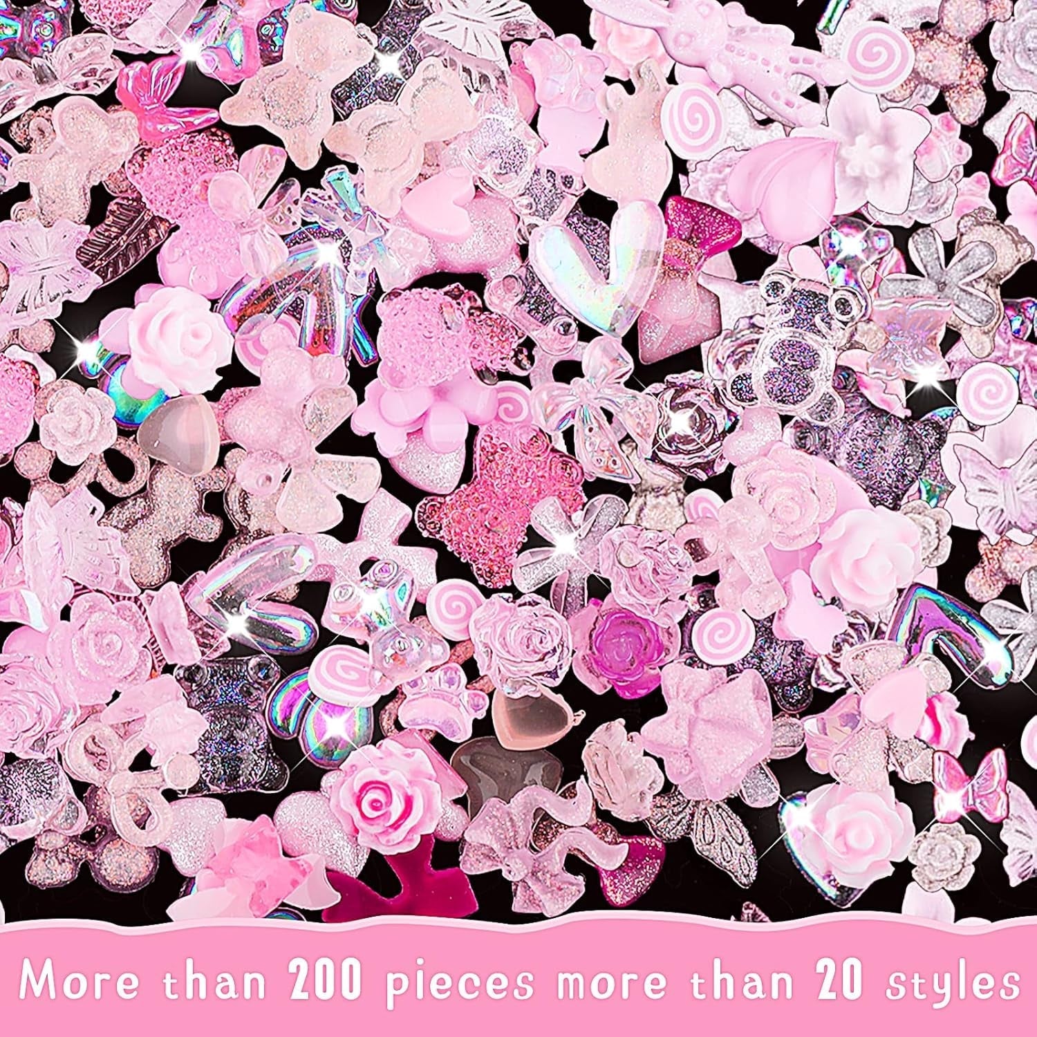 200 Pièces Breloques Nail Art 3D Ensemble de Décoration Nail Art Nœud Pendentif Ongle Rose Style Mixte Nœud Fleur Ours en Peluche Sucette Forme de Coeur Décoration Nail Art DIY Artisanat Conception d'Ongles