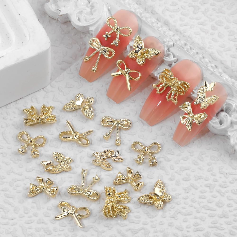 50pcs 3D Gold Bow Nail Charms Butterfly Nail Art Charms Legierung Bogen Nagel Charms Nägel Zubehör Schleife Nagelschmuck Metall Schleifen Schmetterling Nageldesign Nagelanhänger Nailart Strasssteine