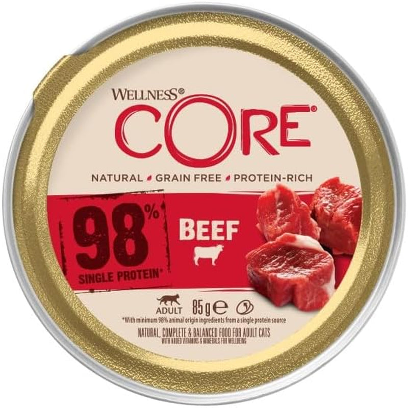 Wellness CORE 98% 12 x 85g, Boeuf - Nourriture humide pour chats, pâté épais, sans céréales, naturelle, hypoallergénique, riche en protéines, riche en viande
