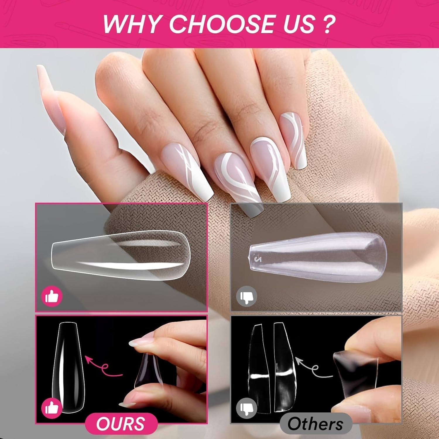 Alyvisun Lot de 500 faux ongles en acrylique à couverture complète avec 240 autocollants pour ongles, 10 tailles de pointes d'ongles en gel transparent, pointes d'ongles en gel souple, pointes d'ongles ballerine