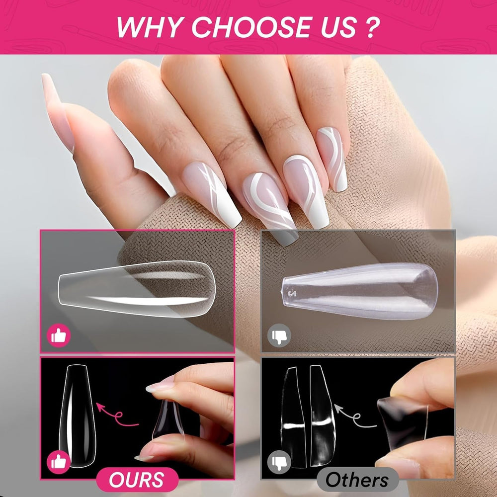 Alyvisun Lot de 500 faux ongles en acrylique à couverture complète avec 240 autocollants pour ongles, 10 tailles de pointes d'ongles en gel transparent, pointes d'ongles en gel souple, pointes d'ongles ballerine