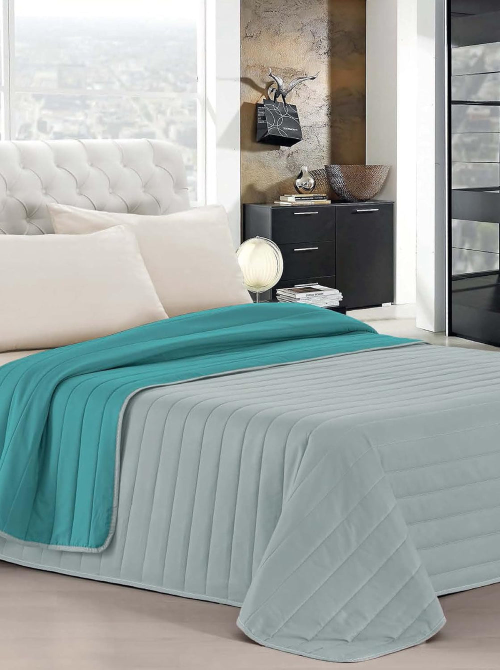 Literie italienne Estivo lit simple, linge, Aqua, 170 X 270 Cm Couettes et couettes Naty Shop Aqua/gris 170 X 270 Cm