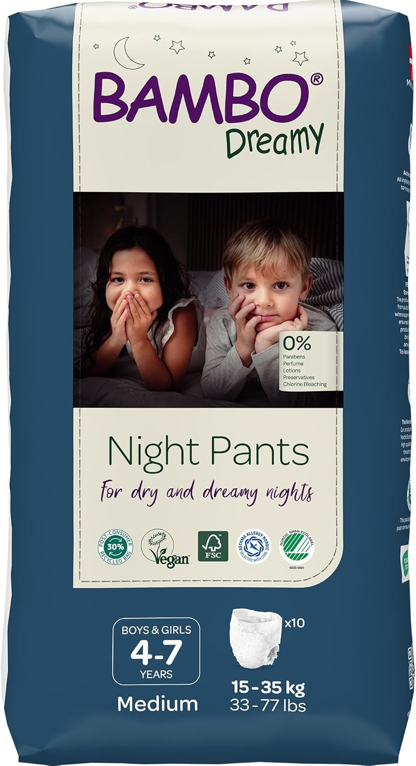 Couches rétractables Bambo Dreamy Nighttime, grandes (35-50 kg/77-110 lb), paquet de 10 | Couches pull-up pour enfants | Vêtements de nuit ultra absorbants pour l'énurésie nocturne