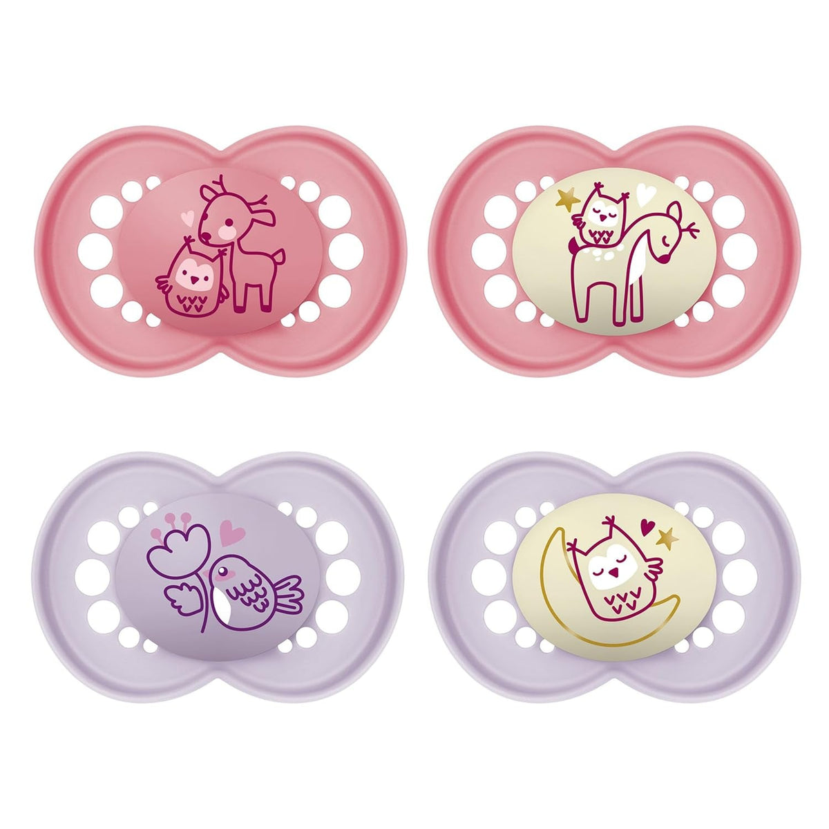 Sucettes MAM Original Day & Night Matt | 6-16 mois | Ensemble de sucettes | Acceptation 94% | Aide à prévenir l'alignement indésirable des dents | Développé en collaboration avec des dentistes Silicone SkinSoft | Modèle oiseau/hibou | Paquet de 4