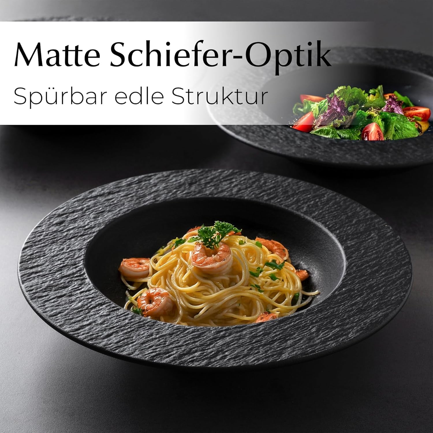 MIAMIO - Lot de 4 assiettes à pâtes de 26 cm de grande profondeur, vaisselle moderne en céramique noire et blanche, passe au micro-ondes et au lave-vaisselle – Collection Oasis (Noir)