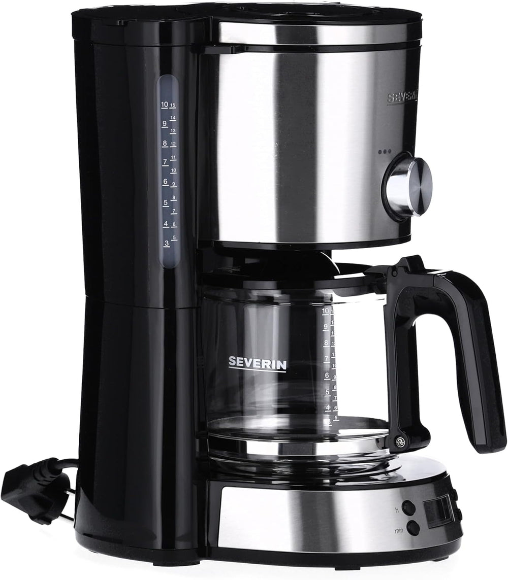 Machine à expresso SEVERIN "TypeSwitch" avec carafe en verre et minuterie, AromaSwitch pour choisir 2 options de préparation, horloge numérique avec fonction minuterie, pour jusqu'à 10 tasses, 1000W, acier inoxydable brossé-noir, KA 4826