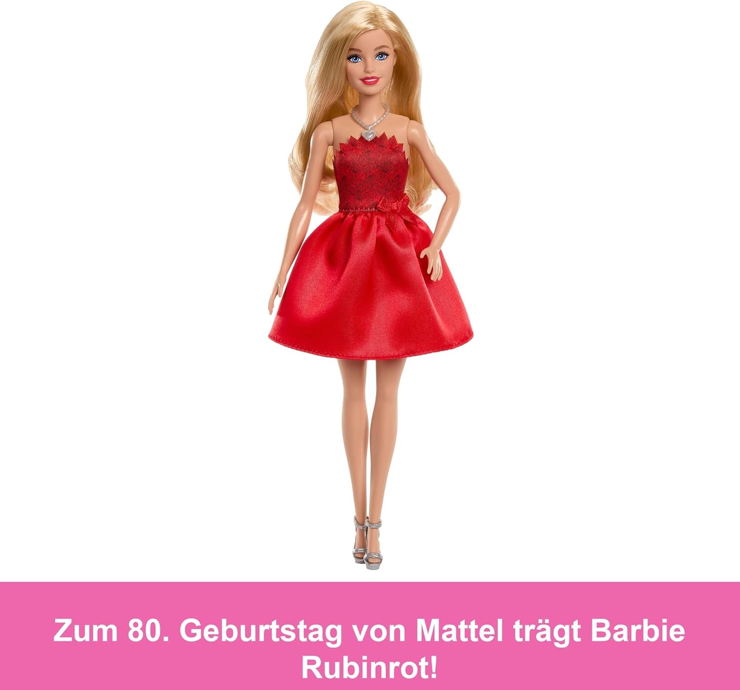 Mattel Rubinrote Blonde Barbie-Party-Modepuppe zum 80. Jubiläum roten Kleid mit silver Schuhen und Halskette, Sammelspielzeug, JGD25