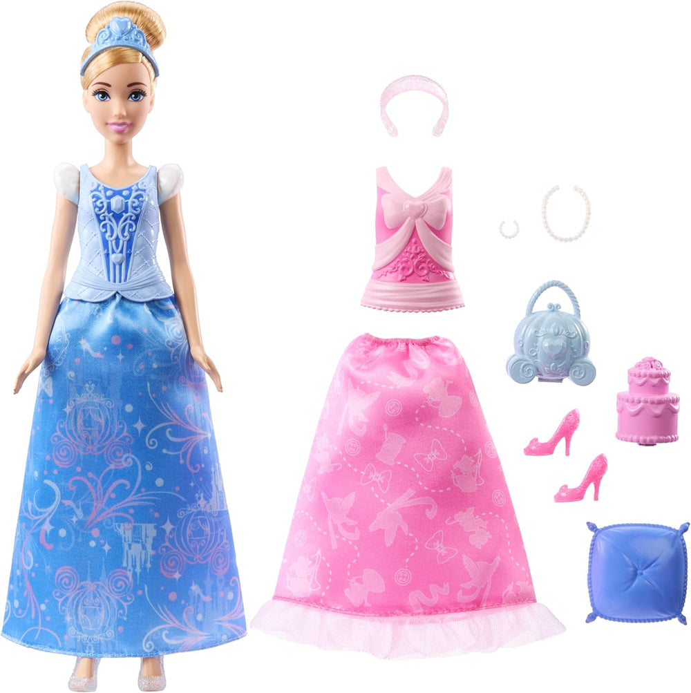 Poupée mannequin Mattel Disney Princess Toys Cendrillon avec 2 tenues, 9 accessoires, 2 hauts avec clips et 2 jupes. Histoires 2 en 1 inspirées du film Disney, JCR95