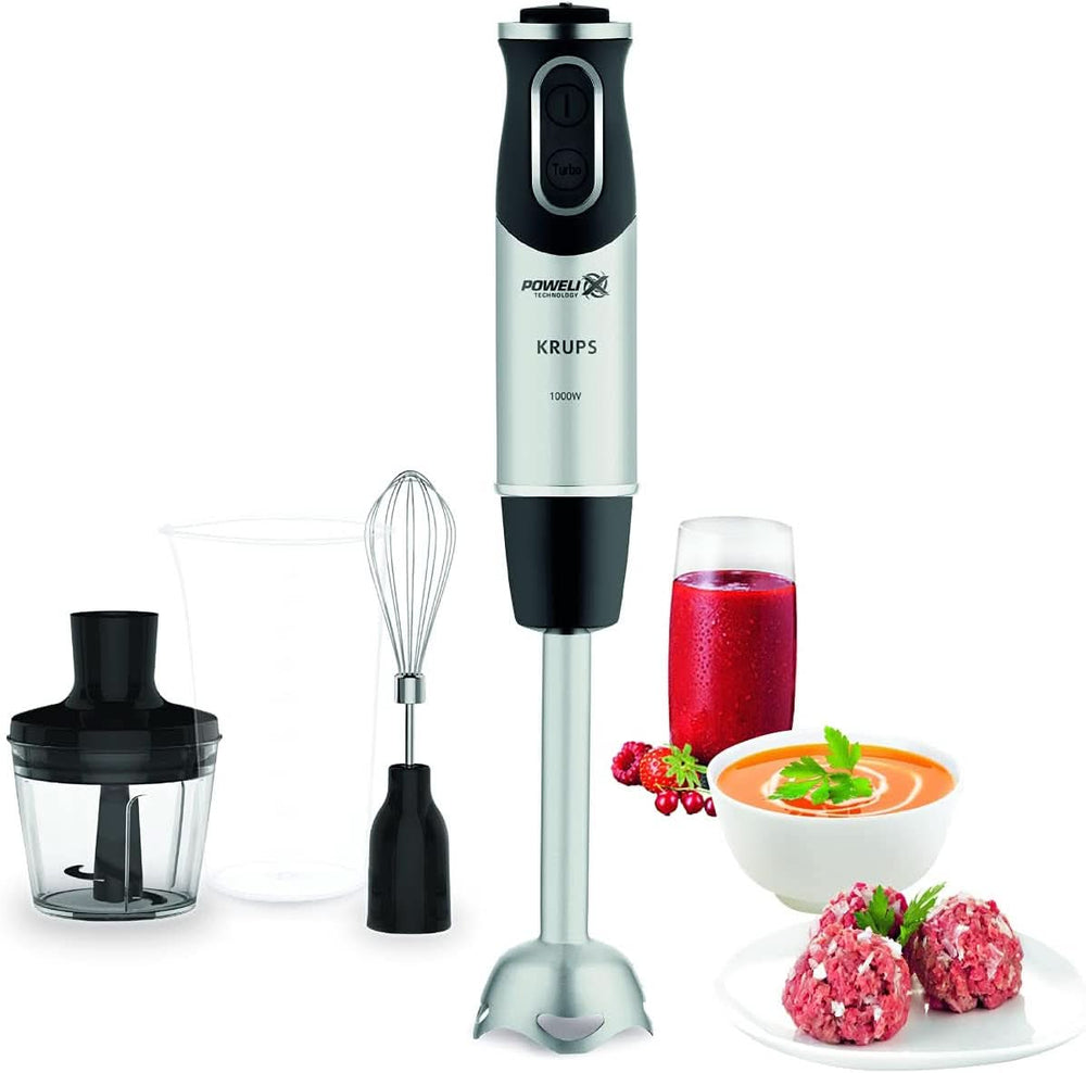 Krups Batteur sur socle Perfect Mix HZ6568 | Mélangeur | 1000 watts | Edelstahlfuss | 4 couteaux supplémentaires | Powelix Technologie | Schneebesen | 500 ml de vinaigrette | 800 Ml Messbecher | Cuisine Schwarz/Silber Naty Shop