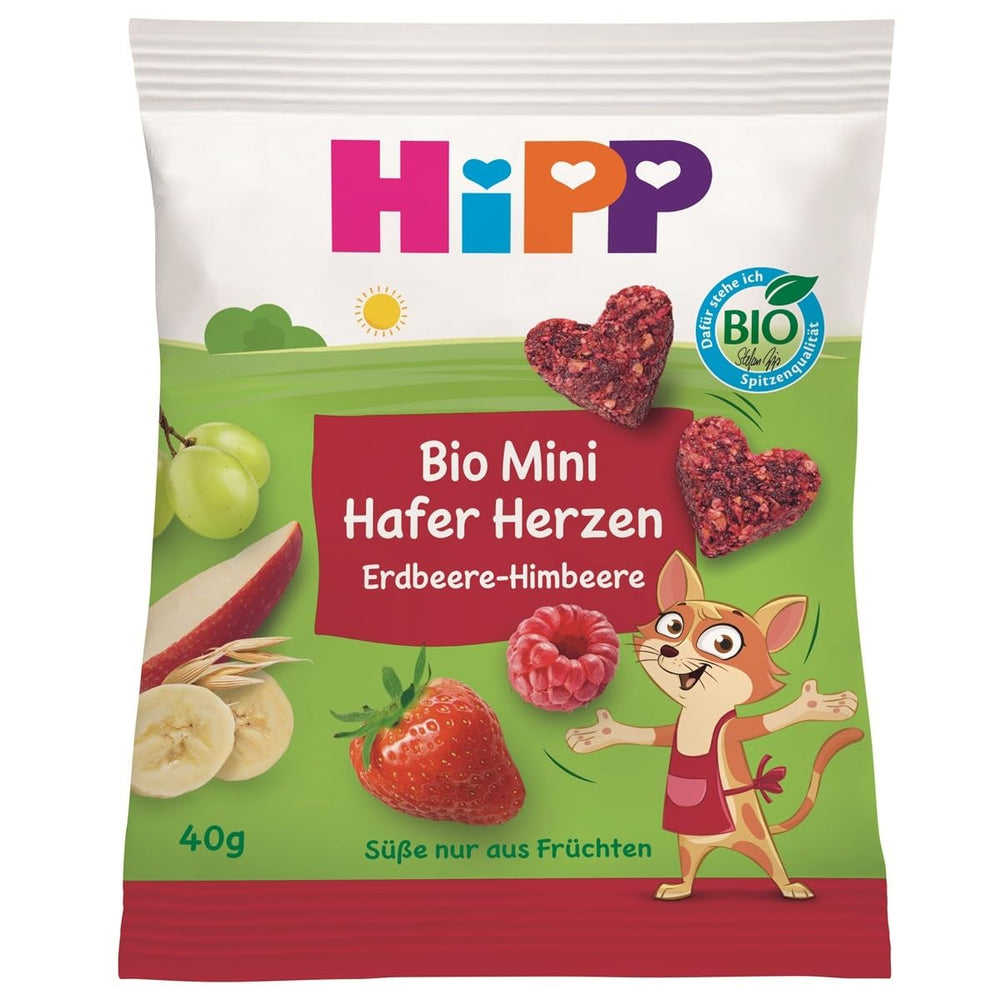 HiPP Mini Cœurs d'Avoine Fraise-Framboise (12 x 40 g), dès 1 an, barre snack bio en forme de cœur, riche en céréales et en fibres, sucrée uniquement à partir de fruits, de la meilleure qualité biologique