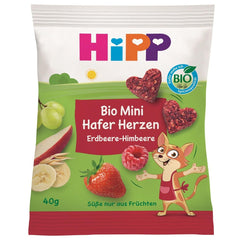 HiPP Mini Cœurs d'Avoine Fraise-Framboise (12 x 40 g), dès 1 an, barre snack bio en forme de cœur, riche en céréales et en fibres, sucrée uniquement à partir de fruits, de la meilleure qualité biologique