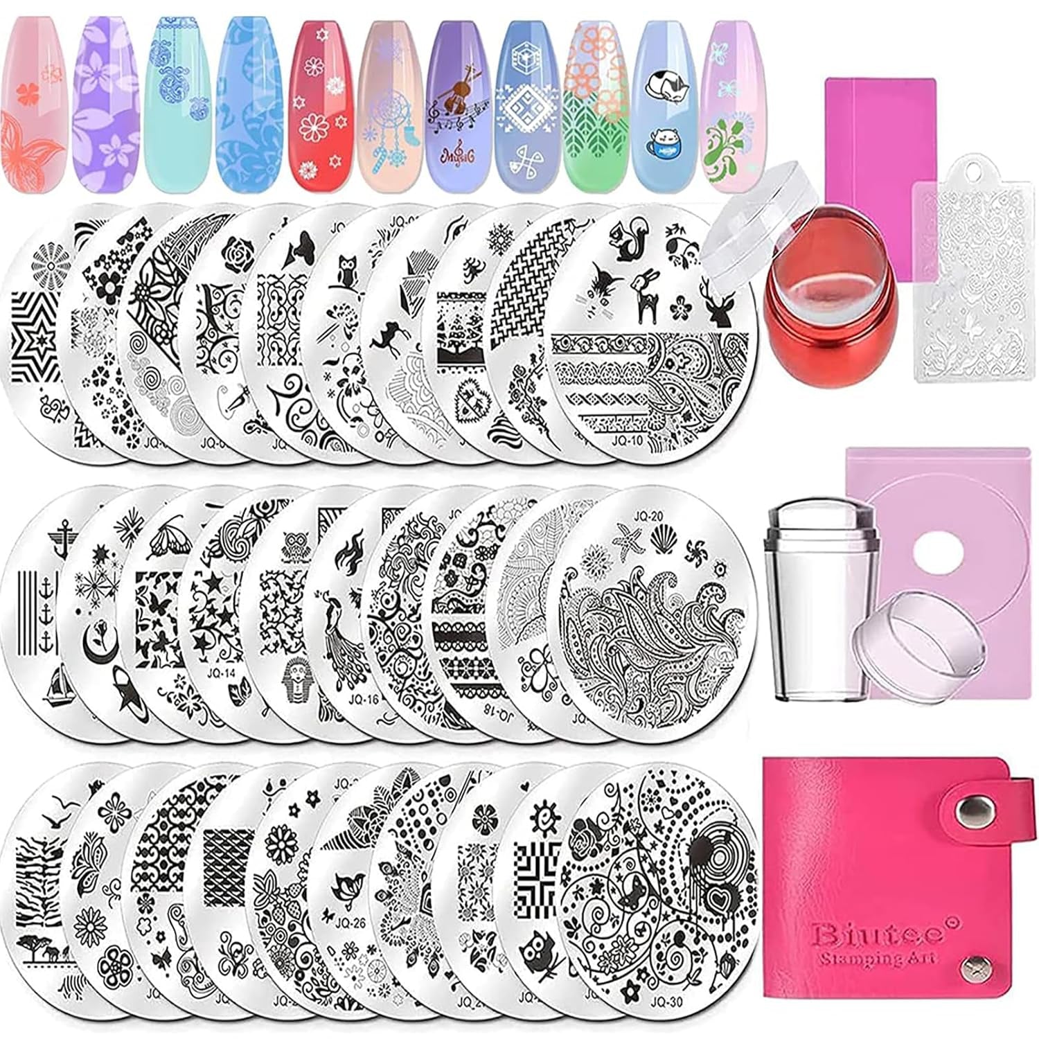 Biutee Nail Stamper 30 Pièces Ensemble de Tampons à Ongles Modèle d'Ongle Stamping d'Ongles Animaux Fleurs Images Plaque de Stamping d'Ongles avec 2 Tampons 2 Grattoirs Accessoires de Conception d'Ongles Tampon à Ongles Français