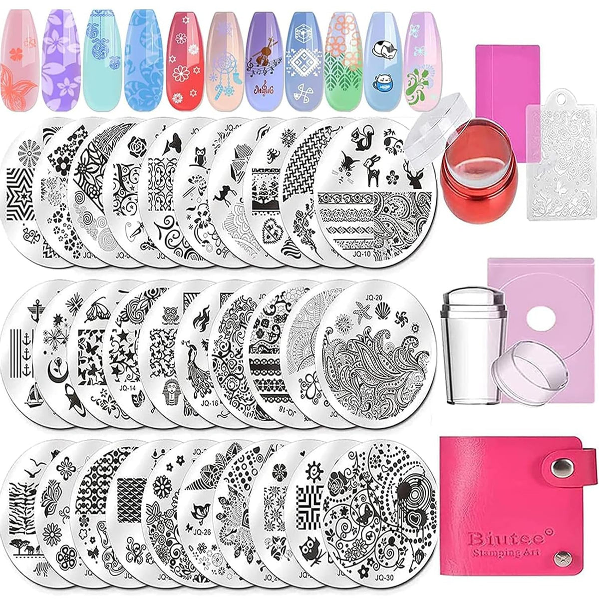 Biutee Nail Stamper 30 Pièces Ensemble de Tampons à Ongles Modèle d'Ongle Stamping d'Ongles Animaux Fleurs Images Plaque de Stamping d'Ongles avec 2 Tampons 2 Grattoirs Accessoires de Conception d'Ongles Tampon à Ongles Français