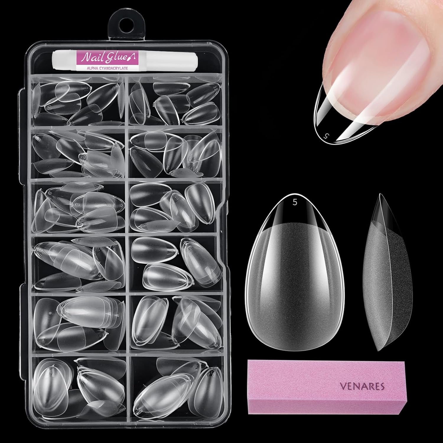 Faux ongles pour ongles en gel, ensemble de 120 pièces d'ongles artificiels courts de couleur amande, 11 tailles d'ongles en gel, pointes d'ongles en colle, bloc tampon à ongles