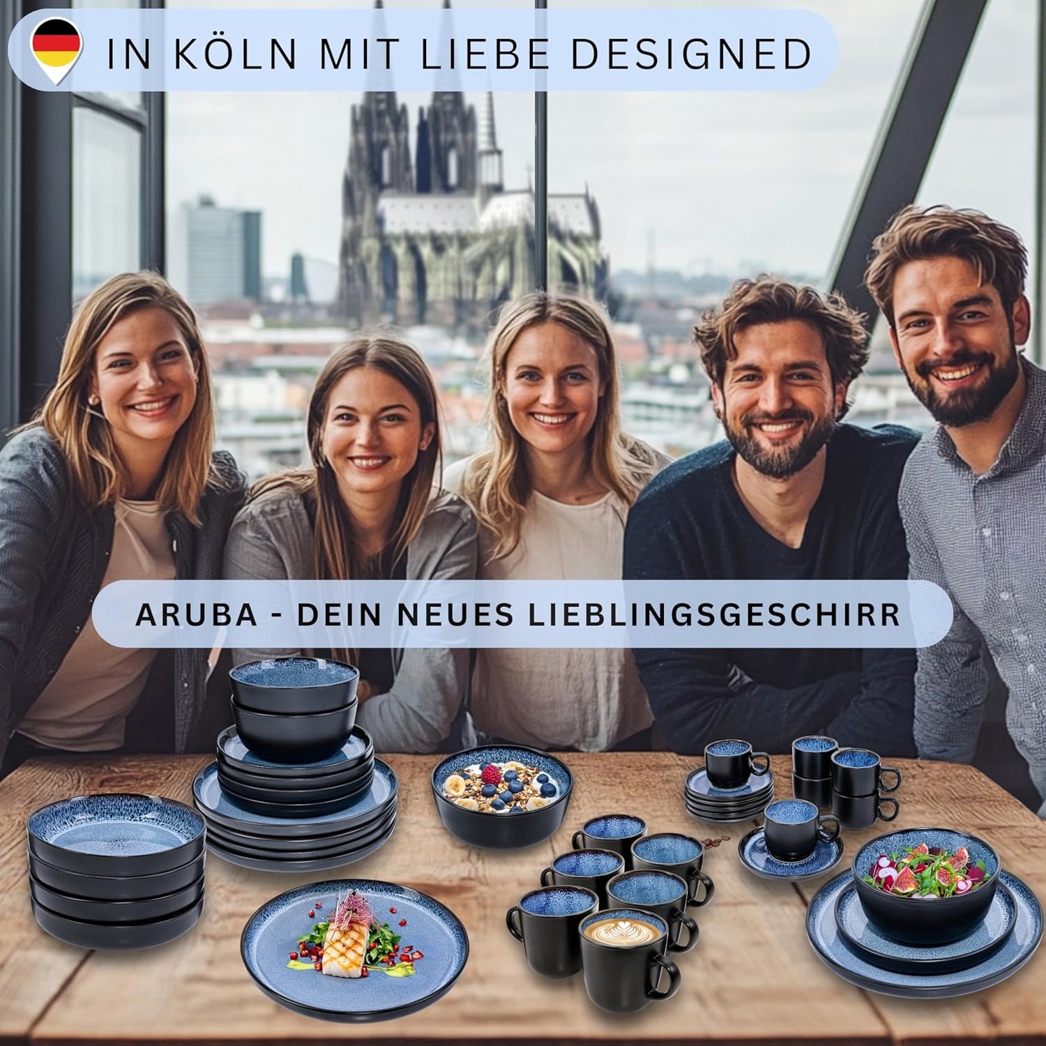 SÄNGER Aruba | Service de table en grès pour 6 personnes, 6 assiettes plates, 6 assiettes petit-déjeuner, 6 assiettes plates, 6 bols à pâtes, bleu avec bord noir | LA COLLECTION VALEUR