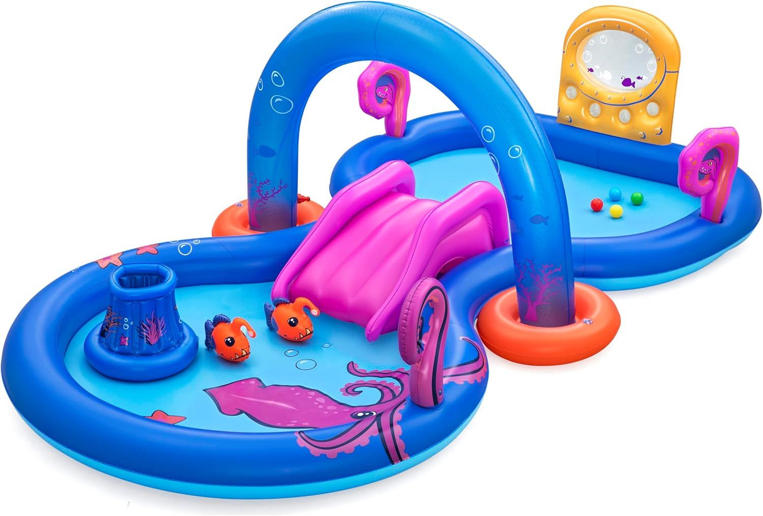 Centru de joacă acvatic Bestway Underwater World, 330 x 188 x 117 cm, Design adânc, Stropitor cu apă, Tobogan detașabil, Lansator de tentacule, 4 mingi de joacă, 2 pești-pescari, Supape de siguranță, Vârste 2+, PVC