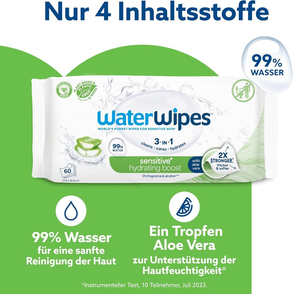 Lingettes humides WaterWipes Sensitive+ Hydrating Boost, lingettes hydratantes, 360 pièces (paquet de 6), nettoyage 3 en 1, soin, hydratation, 99 % d'eau d'aloe vera, lingettes pour bébé non parfumées