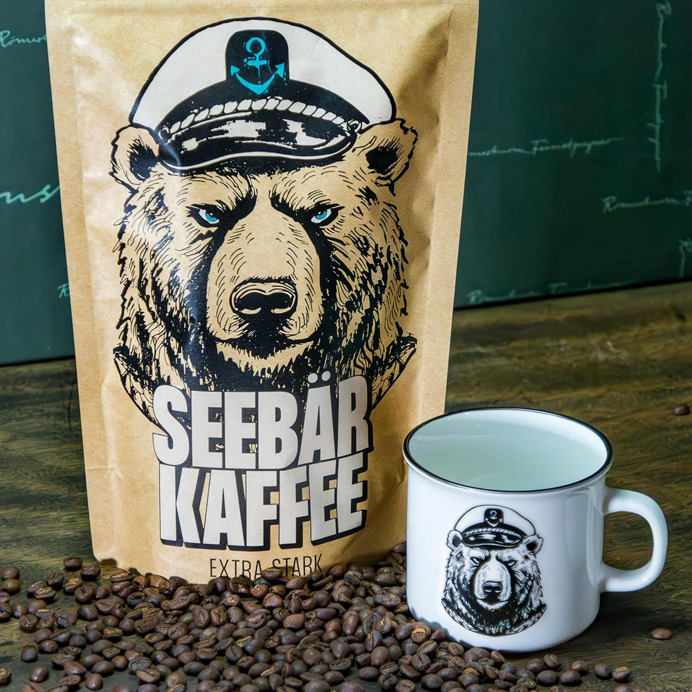 SEEBÄR COFFEE - Grains de café extra forts - 500g - Faible acidité et arôme intense - Grains entiers pour machines à café entièrement automatiques, expresso et presse française - Teneur élevée en caféine et faible acidité