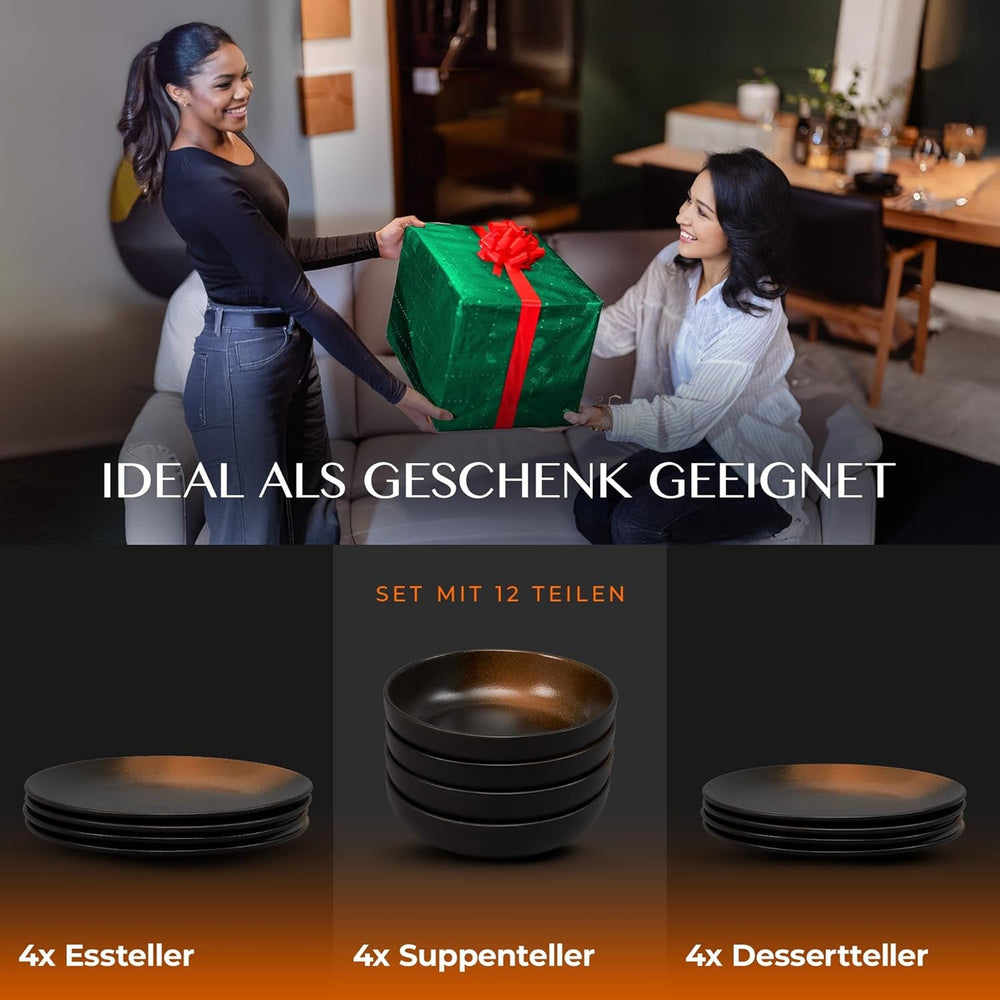 Set de veselă din gresie, format din 12 piese – Prairie Line – design elegant în tonuri de maro/negru, set format din 4 farfurii de cină, 4 farfurii de desert și 4 farfurii de sumă/Colecția Premium