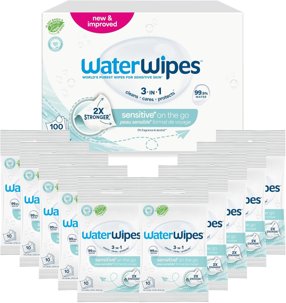 Lingettes humides WaterWipes Sensitive+ On The Go, 100 lingettes (paquet de 10), 3 en 1 nettoie, soigne, protège, 99,9 % d'eau, lingettes sans parfum
