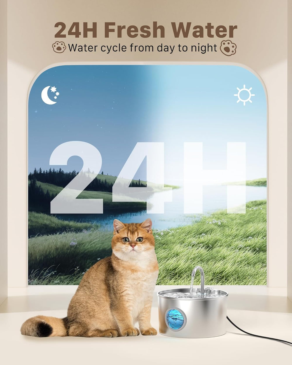 Katzenbrunnen Edelstahl Trinkbrunnen für Katze: Katzenbrunnen für Katzen - 2.2L Ultra leise Wasserbrunnen für Katzen - Katzentrinkbrunnen für Hunde mit Wasserstandsfenster - Enhtält keinen EU-Adapter