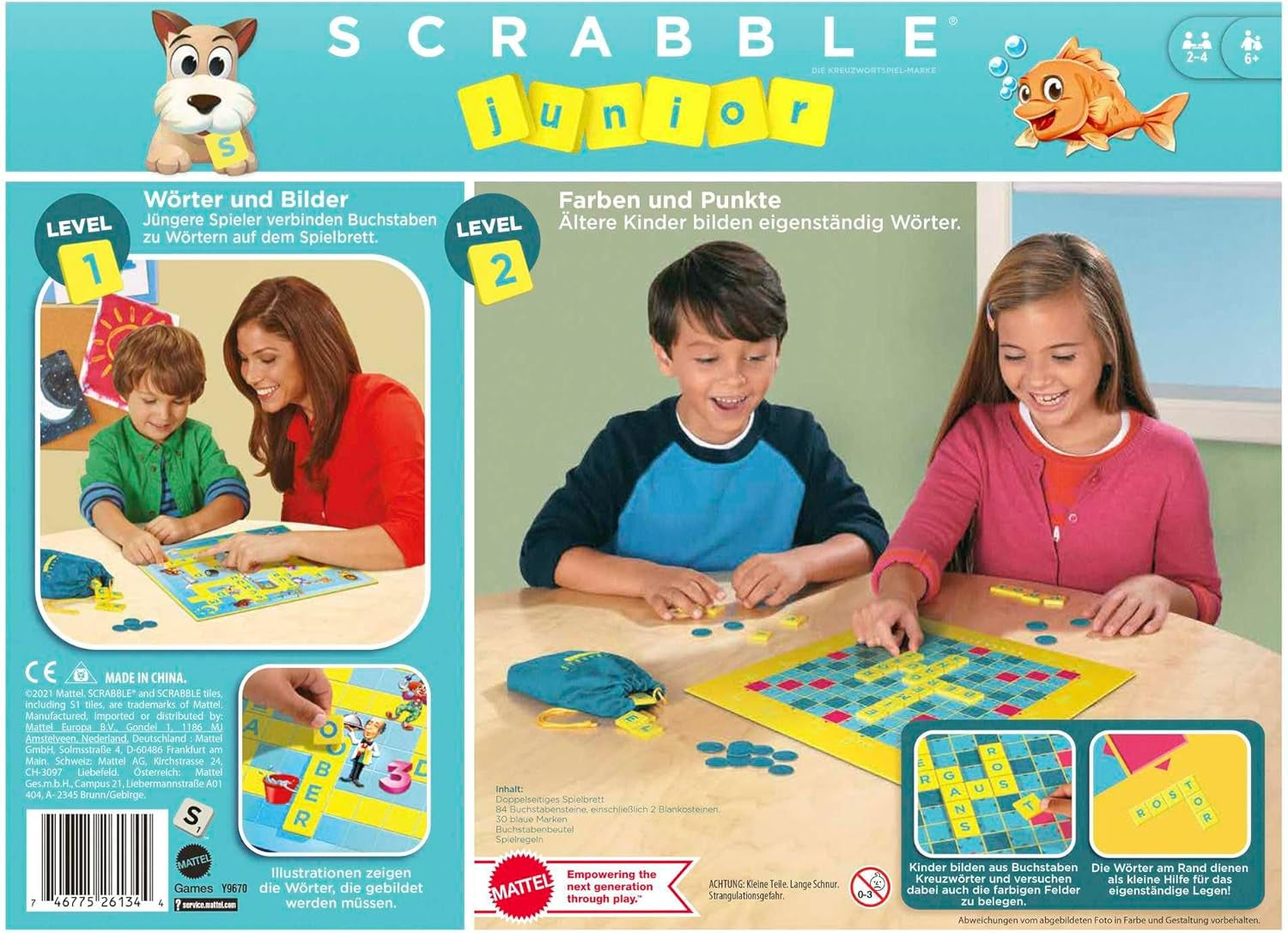 Mattel Games Scrabble Junior - Jeu de mots et jeu pour enfants, jeu de société adapté pour 2 à 4 enfants à partir de 6 ans, le design peut varier, version allemande, Y9670