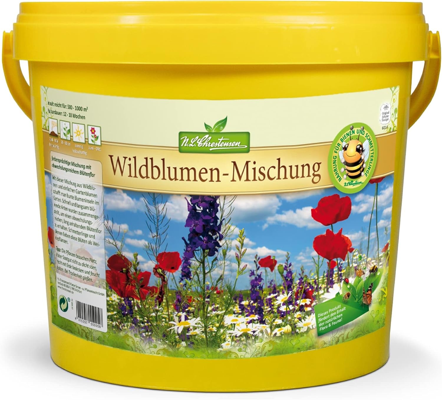 Mélange de fleurs sauvages NL Chrestensen | Seau 5L pour 500-1000 m² | Graines de fleurs vivaces rustiques | Prairie de fleurs sauvages pour les abeilles et les papillons | Pour jardin, prairie