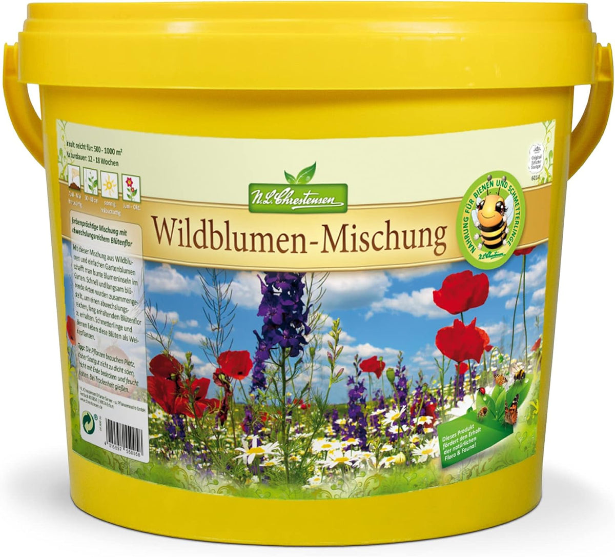 Mélange de fleurs sauvages NL Chrestensen | Seau 5L pour 500-1000 m² | Graines de fleurs vivaces rustiques | Prairie de fleurs sauvages pour les abeilles et les papillons | Pour jardin, prairie